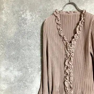 T-PLEATS 가디건 긴팔 브라운 플리츠 무지 프릴 버튼