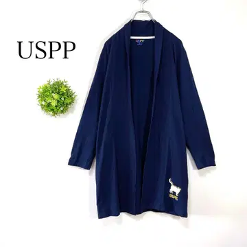 USPP [ L ] 세미롱 긴팔 가디건 네이비 고양이 패턴 신축 코튼 혼방