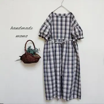 핸드메이드 체크 개더 원피스 free 네이비 반팔 면