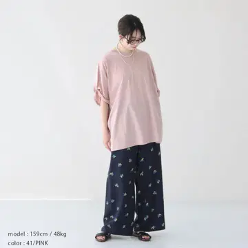 [완판] 거의 미사용 미즈이로 인드 롤업 슬리브 와이드 반팔 T셔츠 핑크