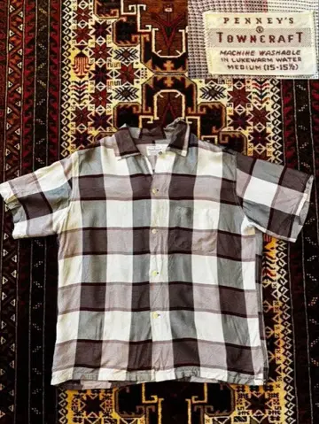 50s PENNEY'S TOWNCRAFT 오픈 카라 체크 셔츠 M