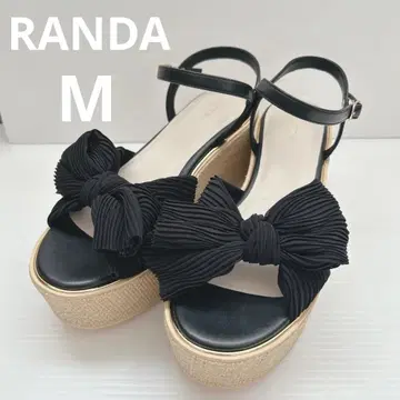 미사용 RANDA 플리츠 리본 디자인 웨지 샌들 M 사이즈 블랙