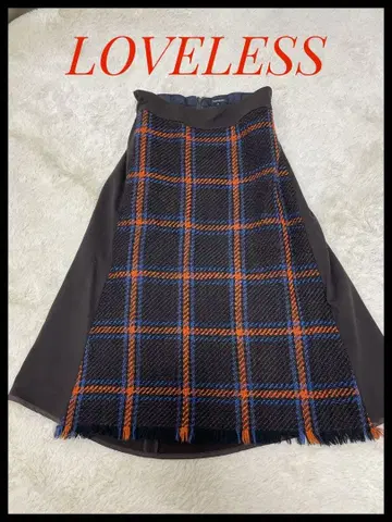 LOVELESS 러브리스 이소재 콤비 체크 무늬 플레어 스커트 프린지