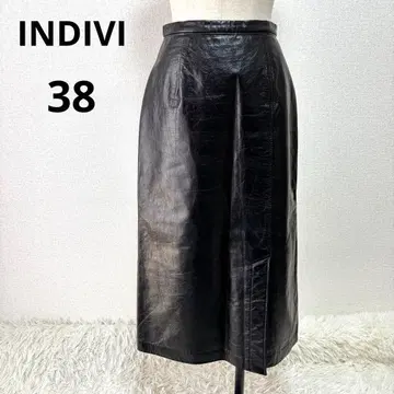 INDIVI 소가죽 가죽 롱 스커트 블랙 38