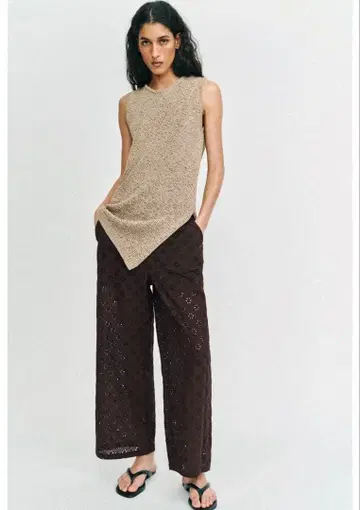 택 포함 새상품 ZARA 컷워크 자수 큐롯 팬츠 브라운