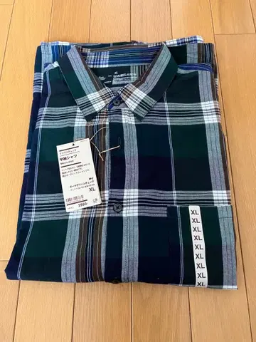 무인양품 마드라스 체크 반팔 셔츠 다크 그린 체크 XL