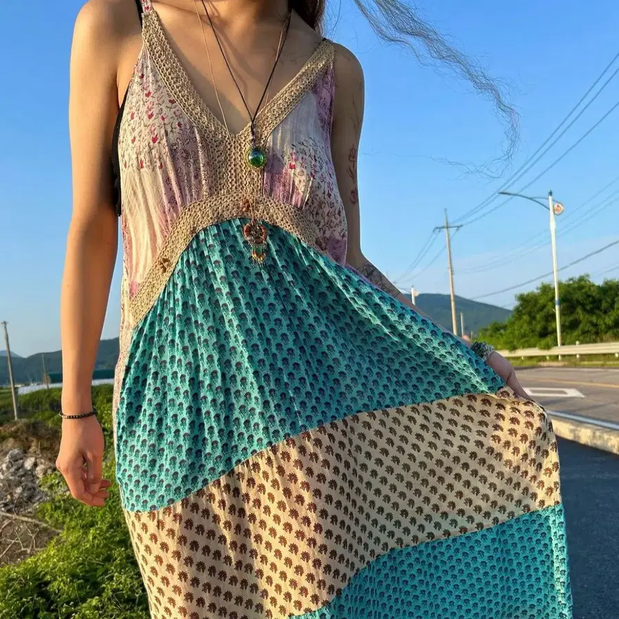 빈티지 에스닉 보헤미안 패턴 맥시 원피스