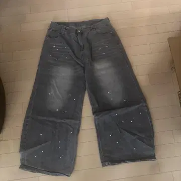 페인트 가공 와이드 데님 팬츠 그레이