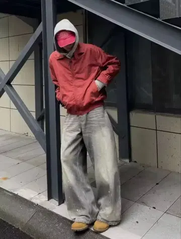 페인트 가공 와이드 데님 팬츠 그레이