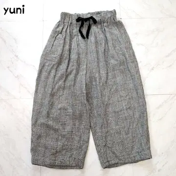 yuni 체크 무늬 코쿤 팬츠 와이드 팬츠 린넨 100%