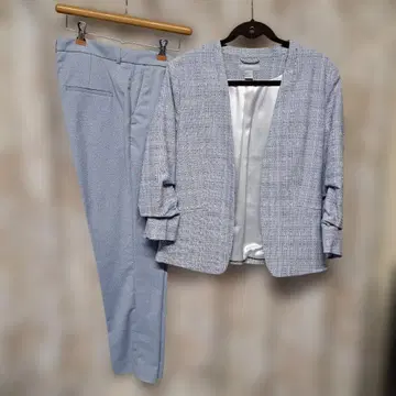 H&M 여성용 팬츠 셋업 트위드풍 노카라 자켓 옅은 스카이블루