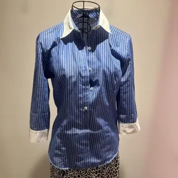여성용 스트라이프 셔츠 7부 소매 클레릭 칼라