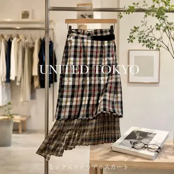 UNITED TOKYO 믹스 마테리얼 스커트 체크 무늬
