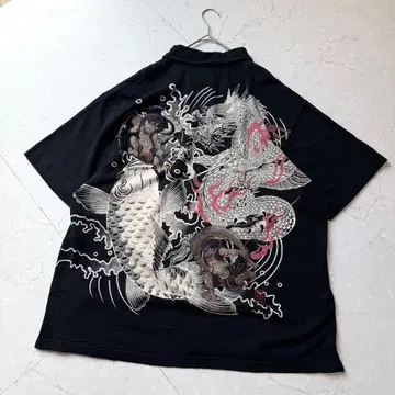 카라쿠리타마시 피케 셔츠 일본풍 패턴 4L 풍신뇌신 용 잉어 자수 블랙