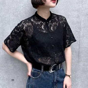 PAGEBOY 레이스 밴드 카라 셔츠 블라우스 블랙