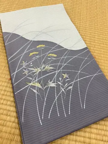 나고야 오비 그레이 계열 초화 무늬 줄무늬 기모노 순수 실크 기모노 오비