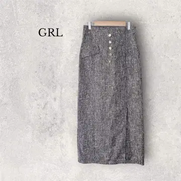 GRL 그레일 트위드 타이트 스커트 L 그레이 비쥬 버튼 슬릿