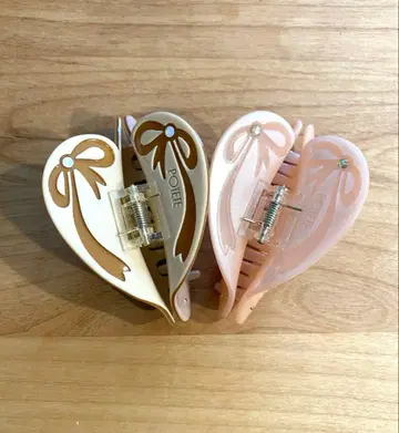 POTETE 포테테 리본 하트 클립 베이지 핑크 2개 세트