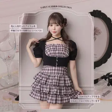 pium 반팔 비쥬 가디건 x 체크 원피스 세트 핑크 x 블랙