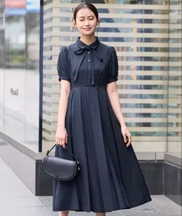 네이비 보타이 반팔 롱 셔츠 원피스