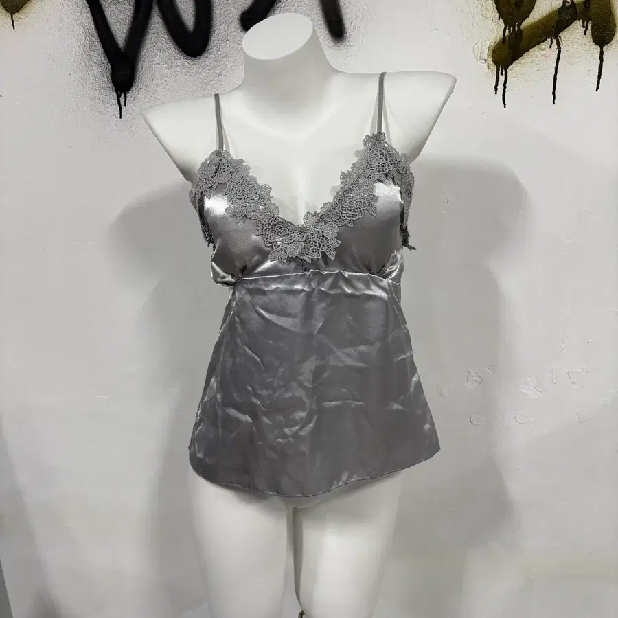 VTG 빈티지 뮤트 그레이 새틴 자수 슬립 슬리브리스