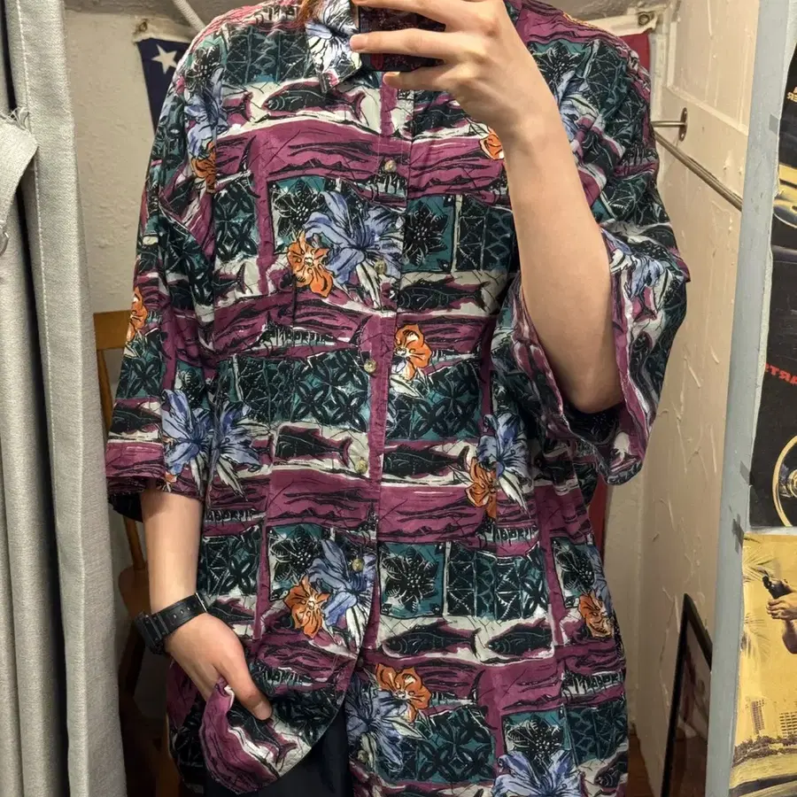 USA VINTAGE 피시 앤 플라워 그래픽 반팔 셔츠