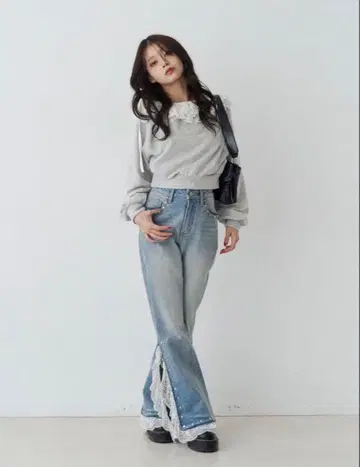 jouetie 레이스 도킹 스터드 플레어 데님 블루