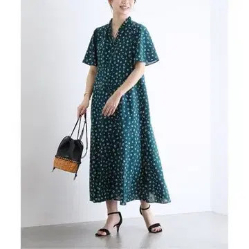 꽃무늬 롱 원피스 반팔 그린