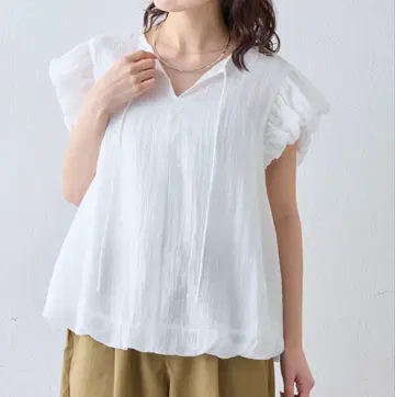 차오패닉 티피 밑단 소매 벌룬 양류 블라우스 화이트