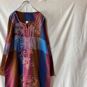 VINTAGE 에스닉 자수 보타니컬 멀티 컬러 체크 원피스