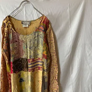 VINTAGE 인도 레이온 패치워크 꽃무늬 클로버 자수 원피스