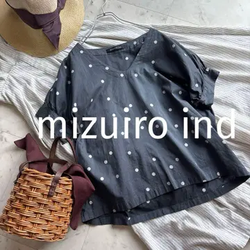 [새상품급] 미즈이로 인드 코튼 블라우스 도트 무늬 면 100% v넥 그레이