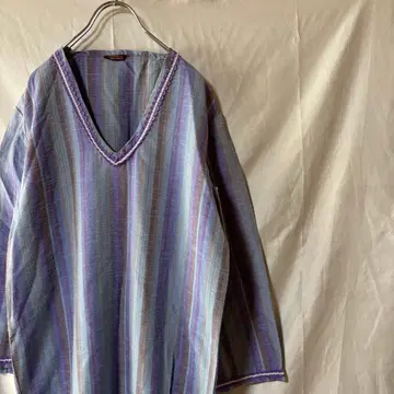VINTAGE V넥 멀티 스트라이프 슬릿 카프탄 원피스