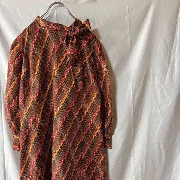 VINTAGE 레트로 리본 체크 기하학 패턴 맥시 길이 원피스