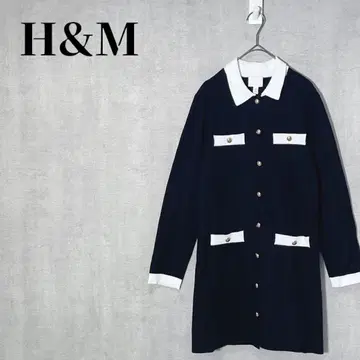 H&M 니트 미니 원피스 긴팔 카라 부착 바이컬러 고급 화이트 x 블랙 사이즈 S