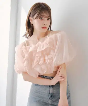 오프숄더 프릴 블라우스 퍼프 슬리브 핑크