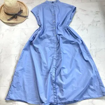 코엔 밴드 카라 셔츠 원피스 M 파랑 A라인 롱 기장