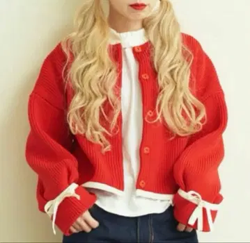 차일드우먼 아모사 애로우 게이지 배색 파이핑 가디건