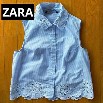 ZARA 스트라이프 슬리브리스 블라우스 레이스 옷깃