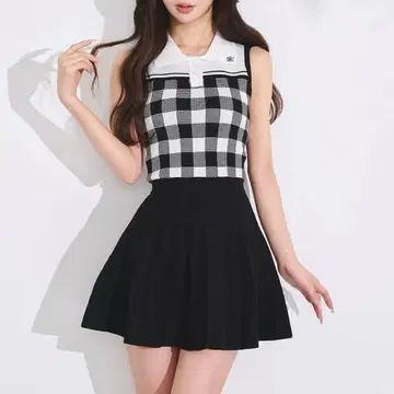 Darich 깅엄 체크 플리츠 니트 미니 원피스 Free