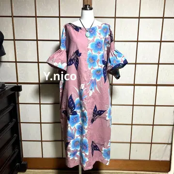 LL 유카타 리메이크 새상품 옷감 더스티 핑크 파랑 꽃 나비 프릴 소매 넉넉한 원피스 벨트 없음