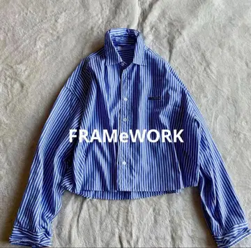 FRAMeWORK 100/2 스트라이프 숏 셔츠 프리 사이즈 블루