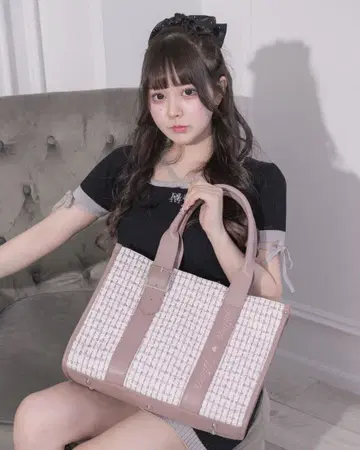 pium 벨트 로고 핸들 토트백 핑크 트위드