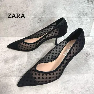 새상품급 ZARA 22.5cm 블랙 도트 무늬 메쉬 미드 힐 펌프스 블랙