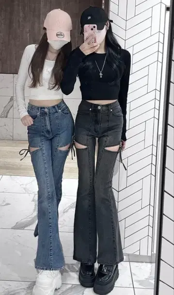 GRL 사이드 컷 아웃 리본 플레어 데님 팬츠