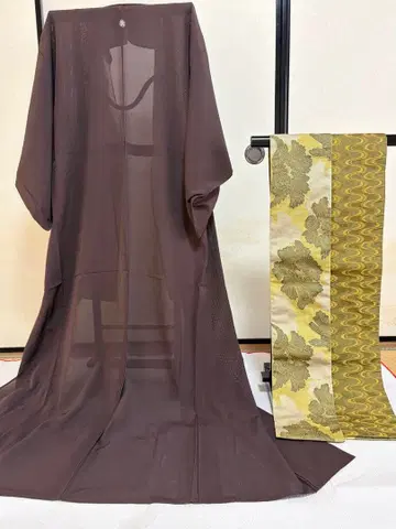 여름용 이로무지 기모노 문양 넣은 명주 반폭 오비와 세트