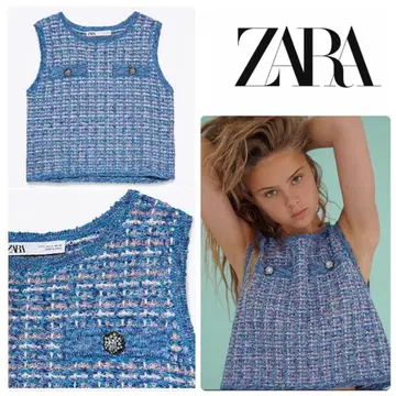 ZARA 팬시 트위드 슬리브리스 상의 S 베스트 체크 무늬