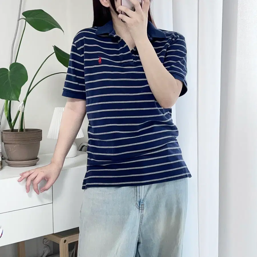 폴로 네이비 / 레드포니 화이트단가라 반팔카라티 [ S ]