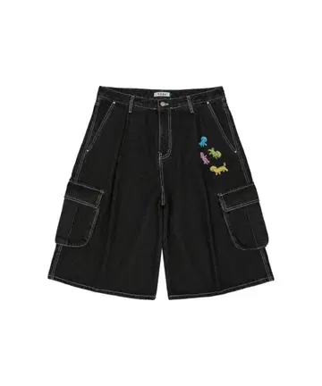 Wai Kei 말티즈 카고 버뮤다 데님 팬츠 블랙