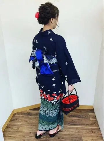 [ 고품질 ] 여성용 린넨 꽃무늬 유카타 유럽풍 로얄 블루 오비 세트